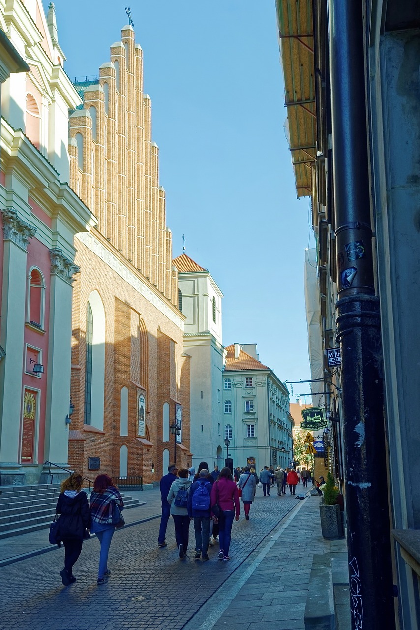 the street, paved, warsaw, the center of the, old, historic, buildings, architecture, the church, people, tourists, going, by visiting, landscape, urban, town